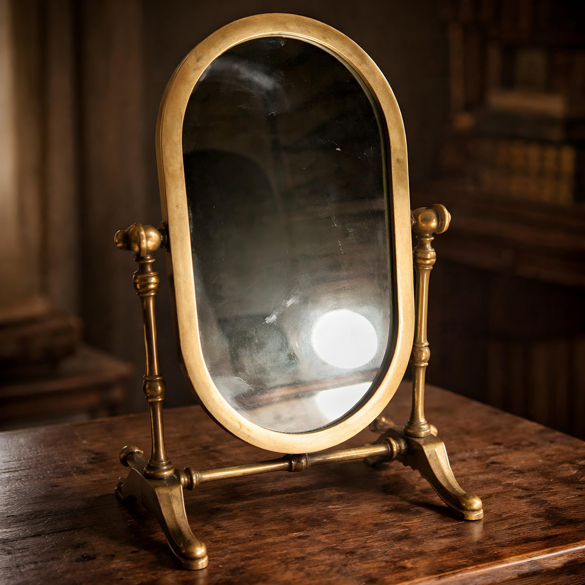 1920s Italian Brass Swivel Shaving Mirror Oval Vanity Art Deco Antique Bathroom Table Decor - The Relic Detail