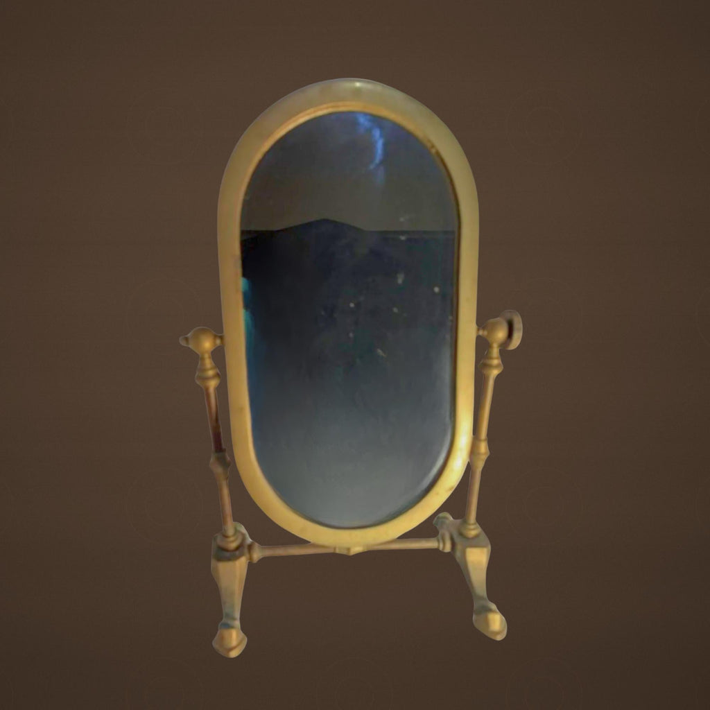 1920s Italian Brass Swivel Shaving Mirror Oval Vanity Art Deco Antique Bathroom Table Decor - The Relic Detail