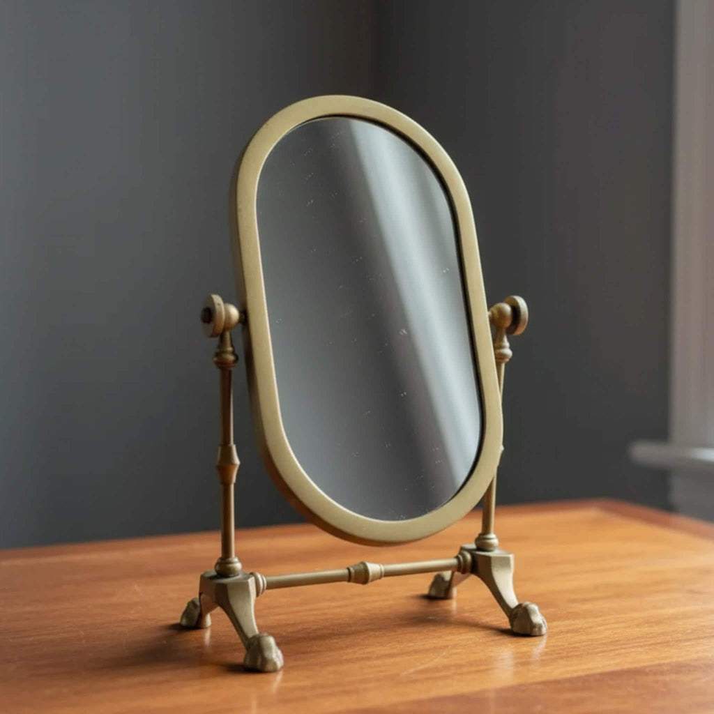 1920s Italian Brass Swivel Shaving Mirror Oval Vanity Art Deco Antique Bathroom Table Decor - The Relic Detail