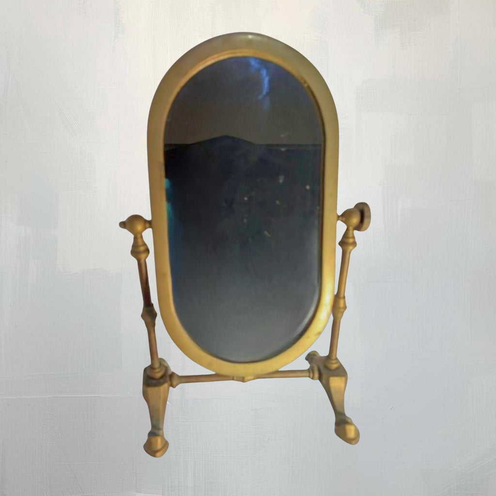1920s Italian Brass Swivel Shaving Mirror Oval Vanity Art Deco Antique Bathroom Table Decor - The Relic Detail