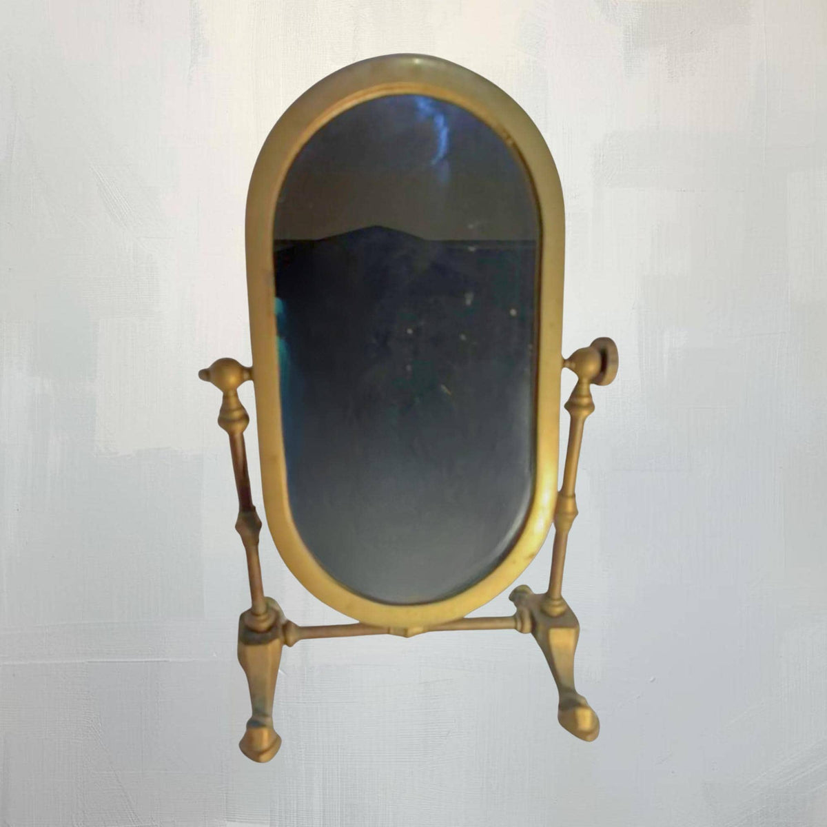 1920s Italian Brass Swivel Shaving Mirror Oval Vanity Art Deco Antique Bathroom Table Decor - The Relic Detail