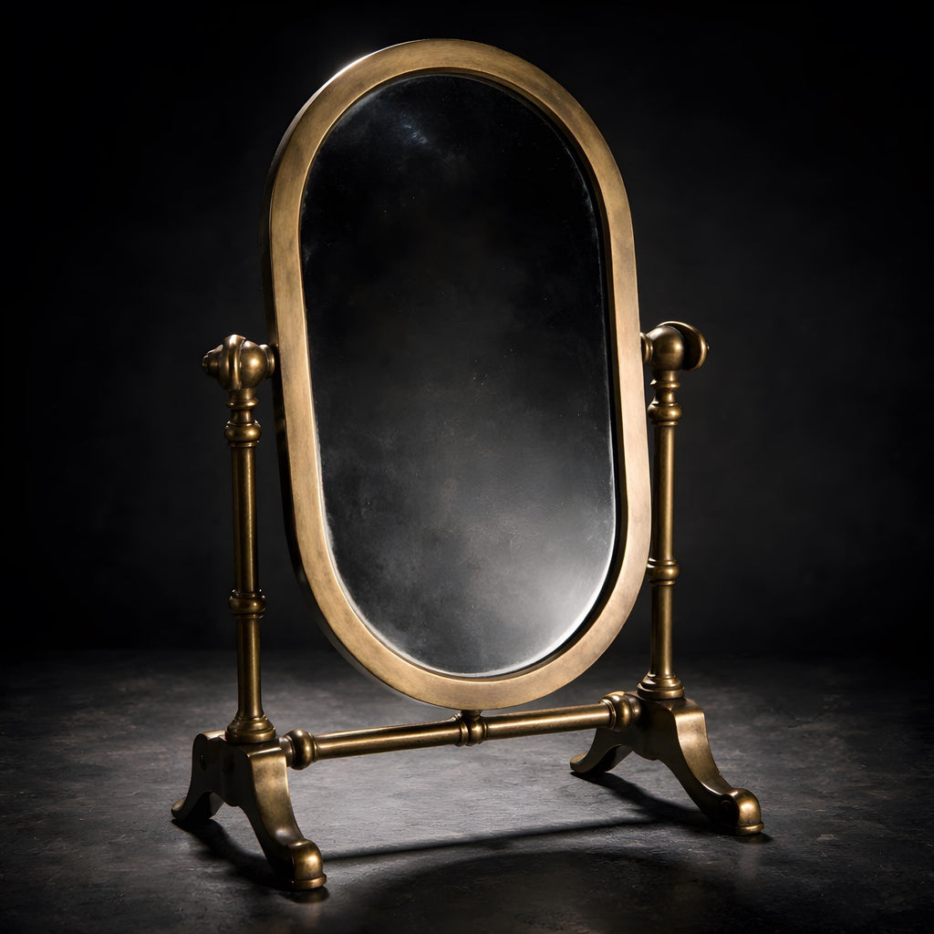 1920s Italian Brass Swivel Shaving Mirror Oval Vanity Art Deco Antique Bathroom Table Decor - The Relic Detail