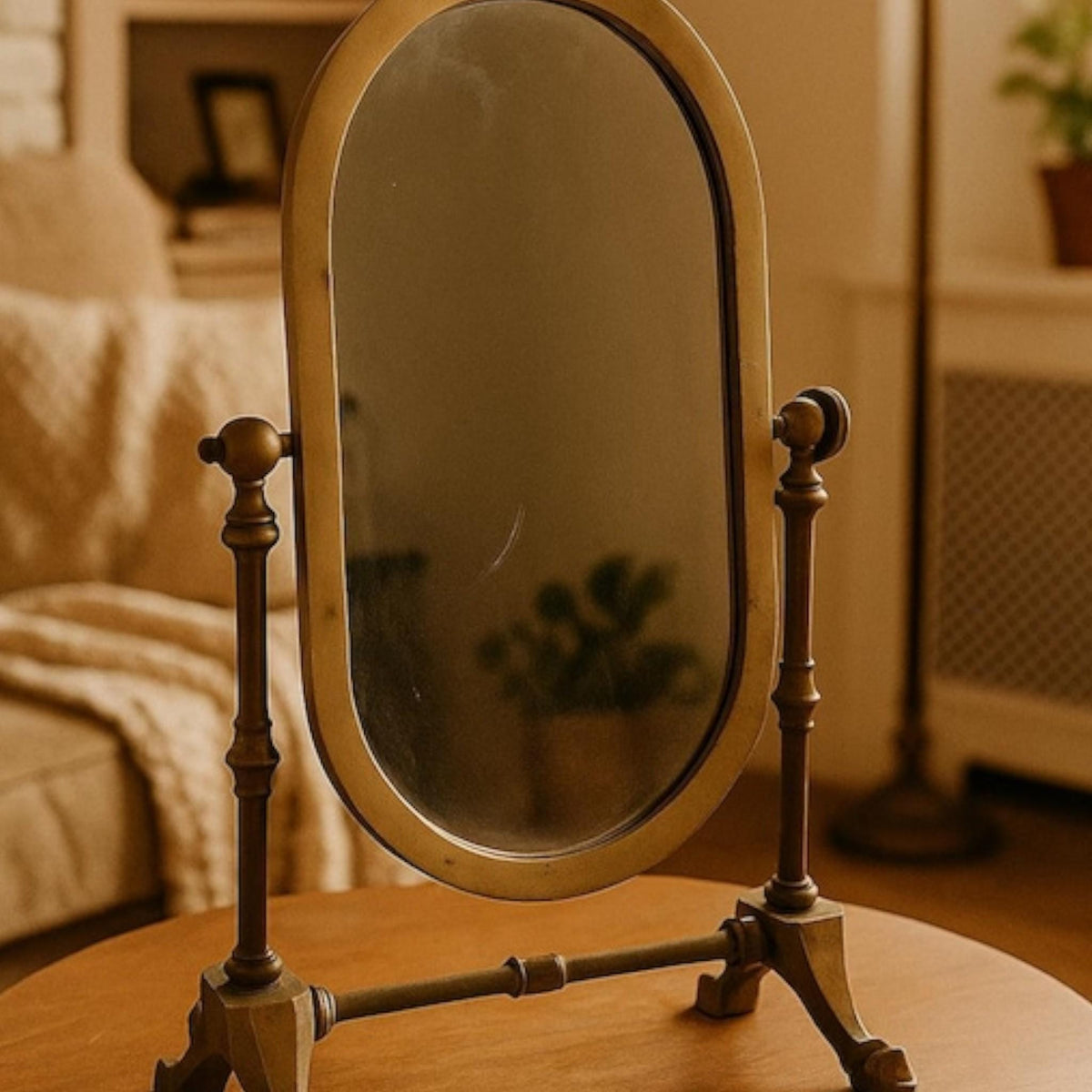 1920s Italian Brass Swivel Shaving Mirror Oval Vanity Art Deco Antique Bathroom Table Decor - The Relic Detail