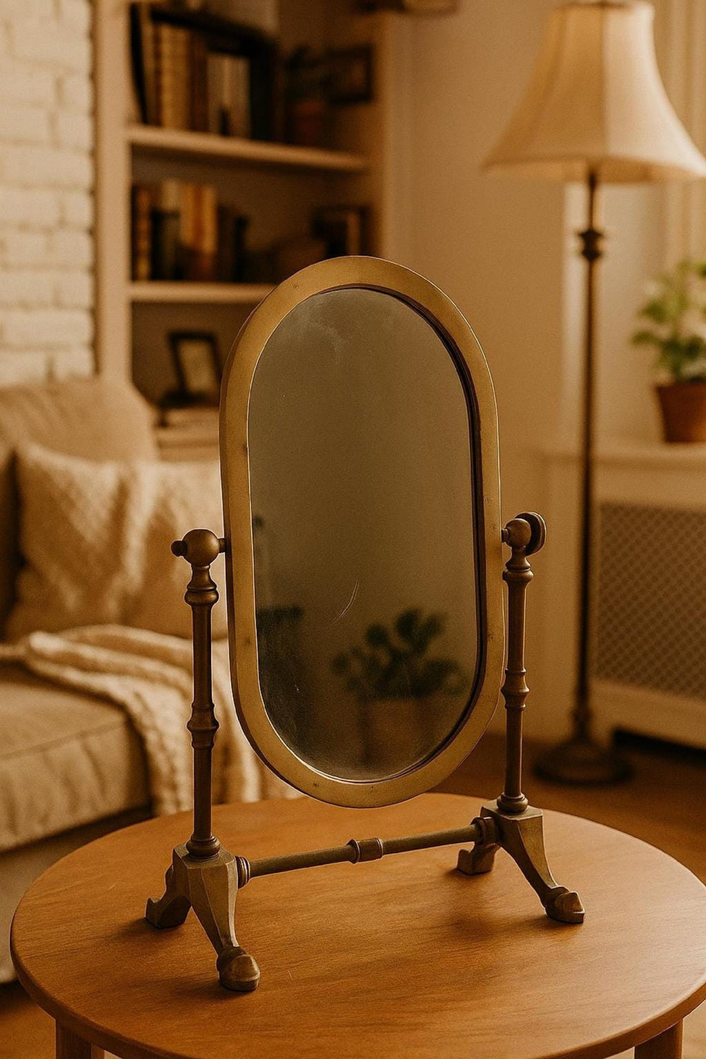 1920s Italian Brass Swivel Shaving Mirror Oval Vanity Art Deco Antique Bathroom Table Decor - The Relic Detail