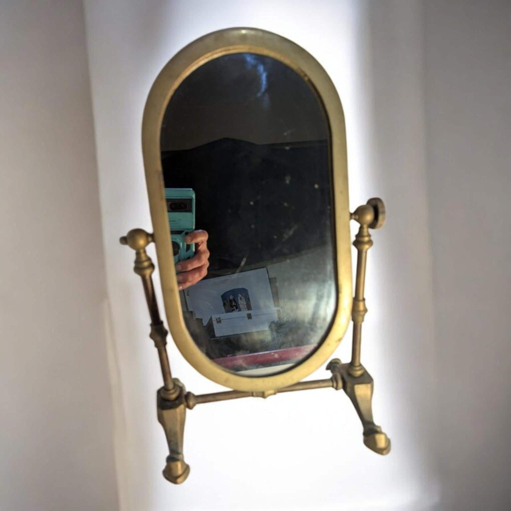 1920s Italian Brass Swivel Shaving Mirror Oval Vanity Art Deco Antique Bathroom Table Decor - The Relic Detail