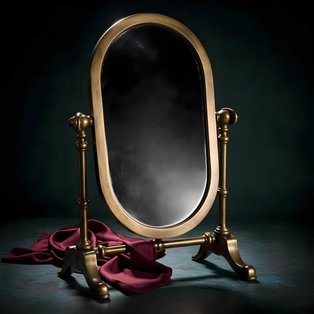 1920s Italian Brass Swivel Shaving Mirror Oval Vanity Art Deco Antique Bathroom Table Decor - The Relic Detail