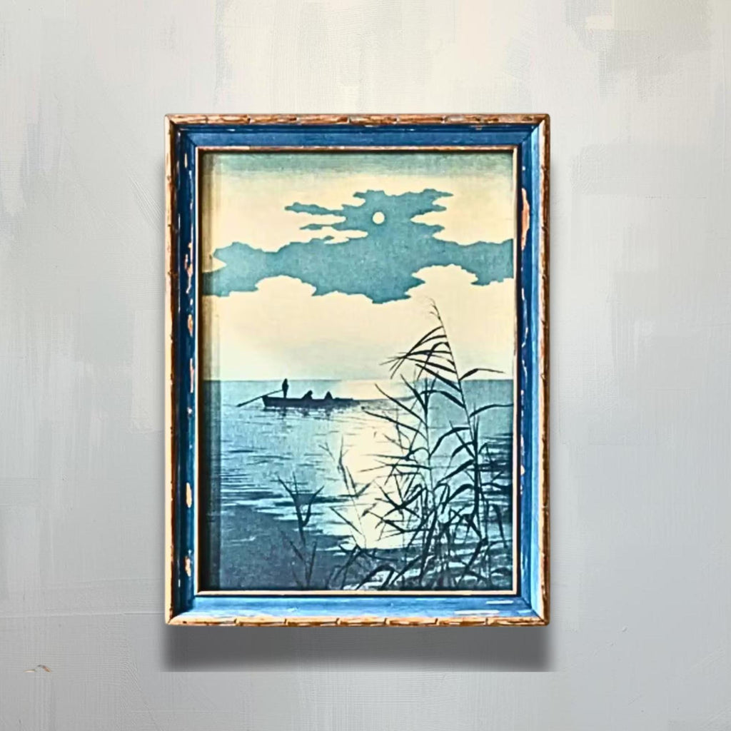 1940s Koho Shoda Woodblock Print: Night Sea Seascape (Framed) - The Relic Detail