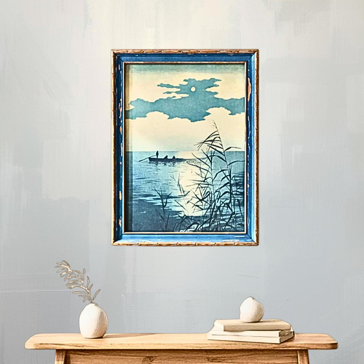 1940s Koho Shoda Woodblock Print: Night Sea Seascape (Framed) - The Relic Detail