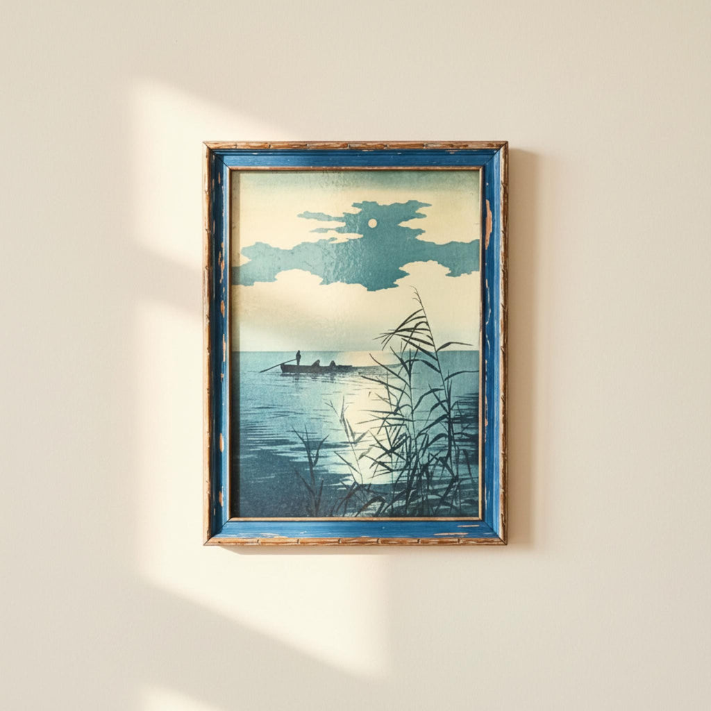 1940s Koho Shoda Woodblock Print: Night Sea Seascape (Framed) - The Relic Detail