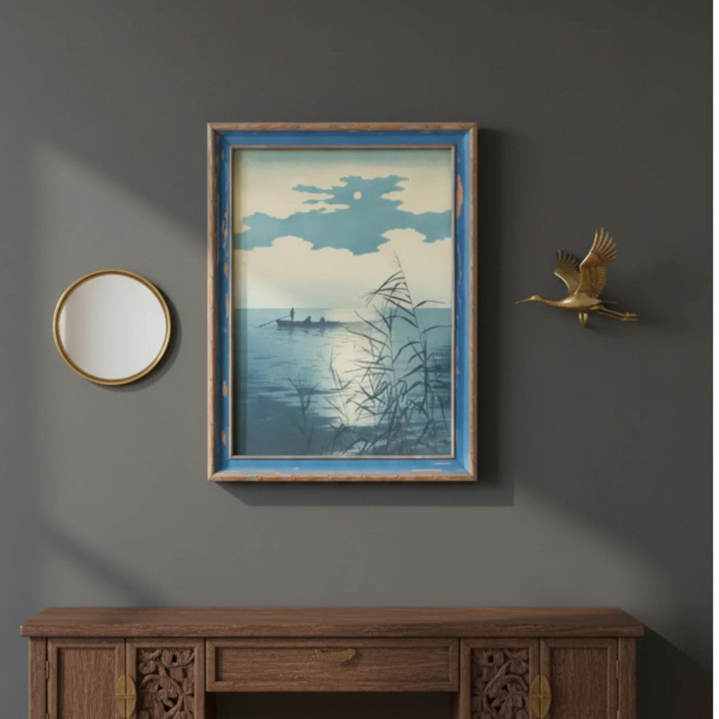 1940s Koho Shoda Woodblock Print: Night Sea Seascape (Framed) - The Relic Detail