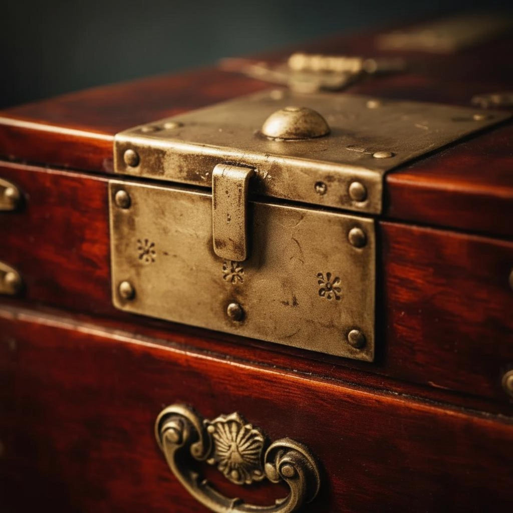 19thC Korean Mirror Chest, Joseon Vanity Box, Zelkova Wood, Butterfly Brass - The Relic Detail