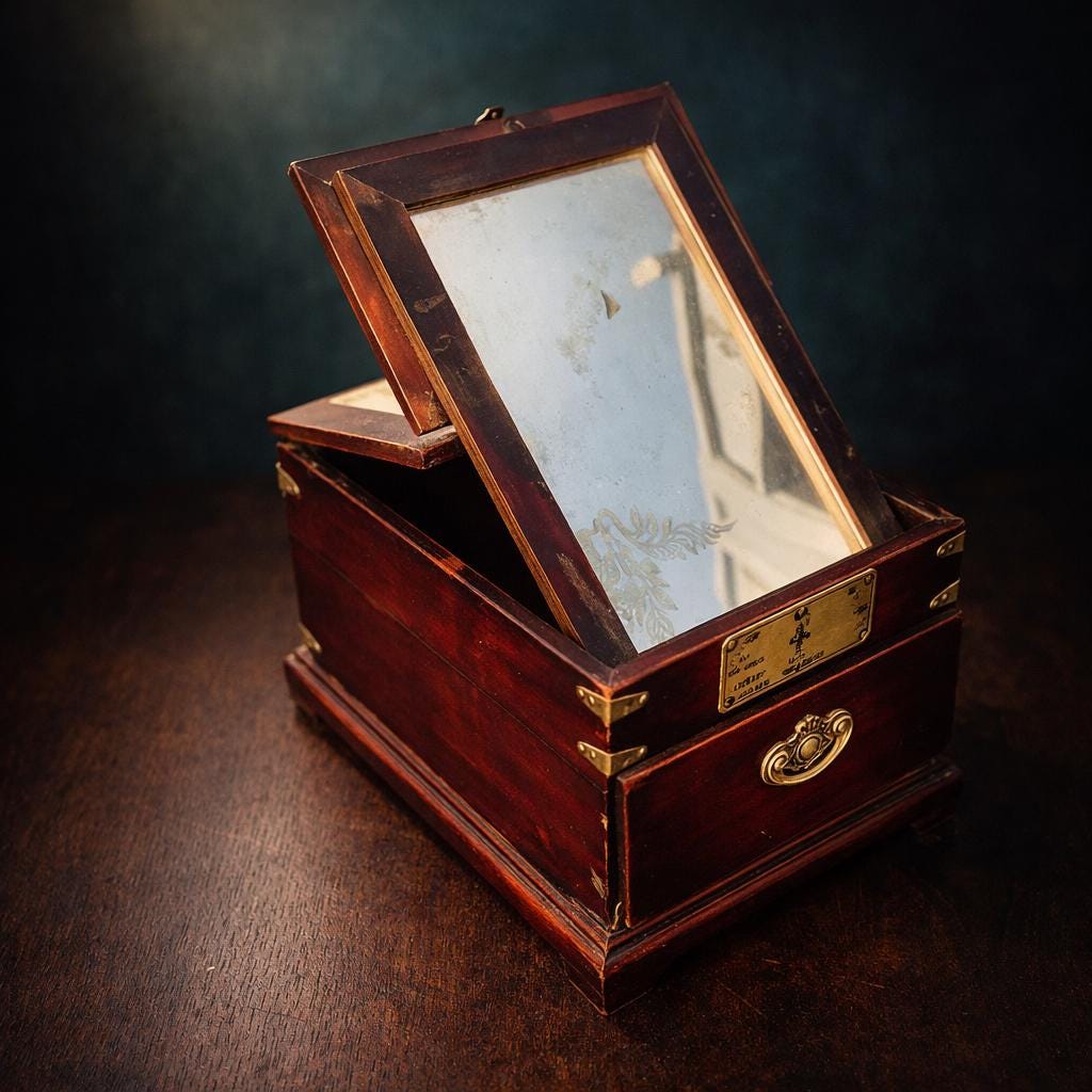 19thC Korean Mirror Chest, Joseon Vanity Box, Zelkova Wood, Butterfly Brass - The Relic Detail