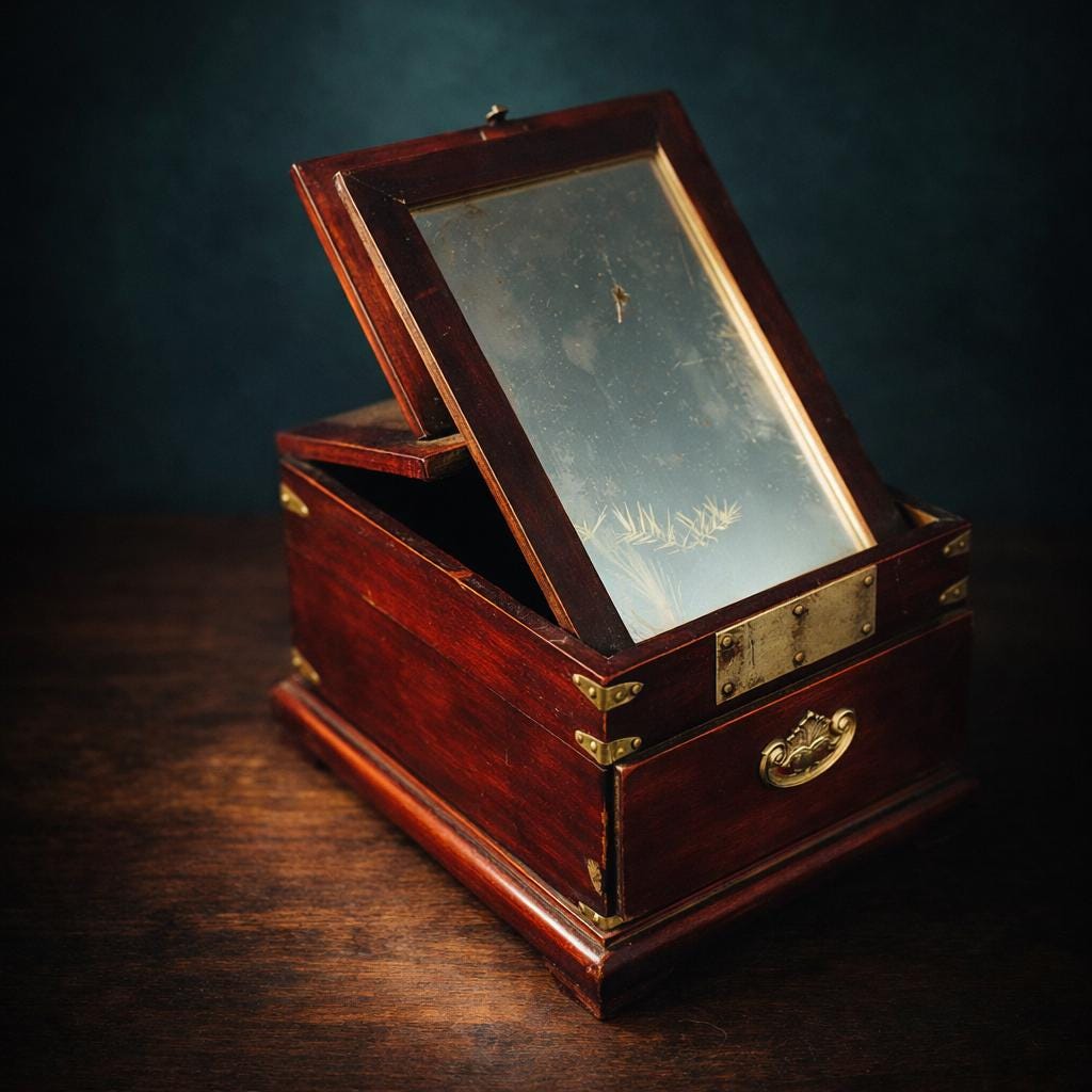 19thC Korean Mirror Chest, Joseon Vanity Box, Zelkova Wood, Butterfly Brass - The Relic Detail