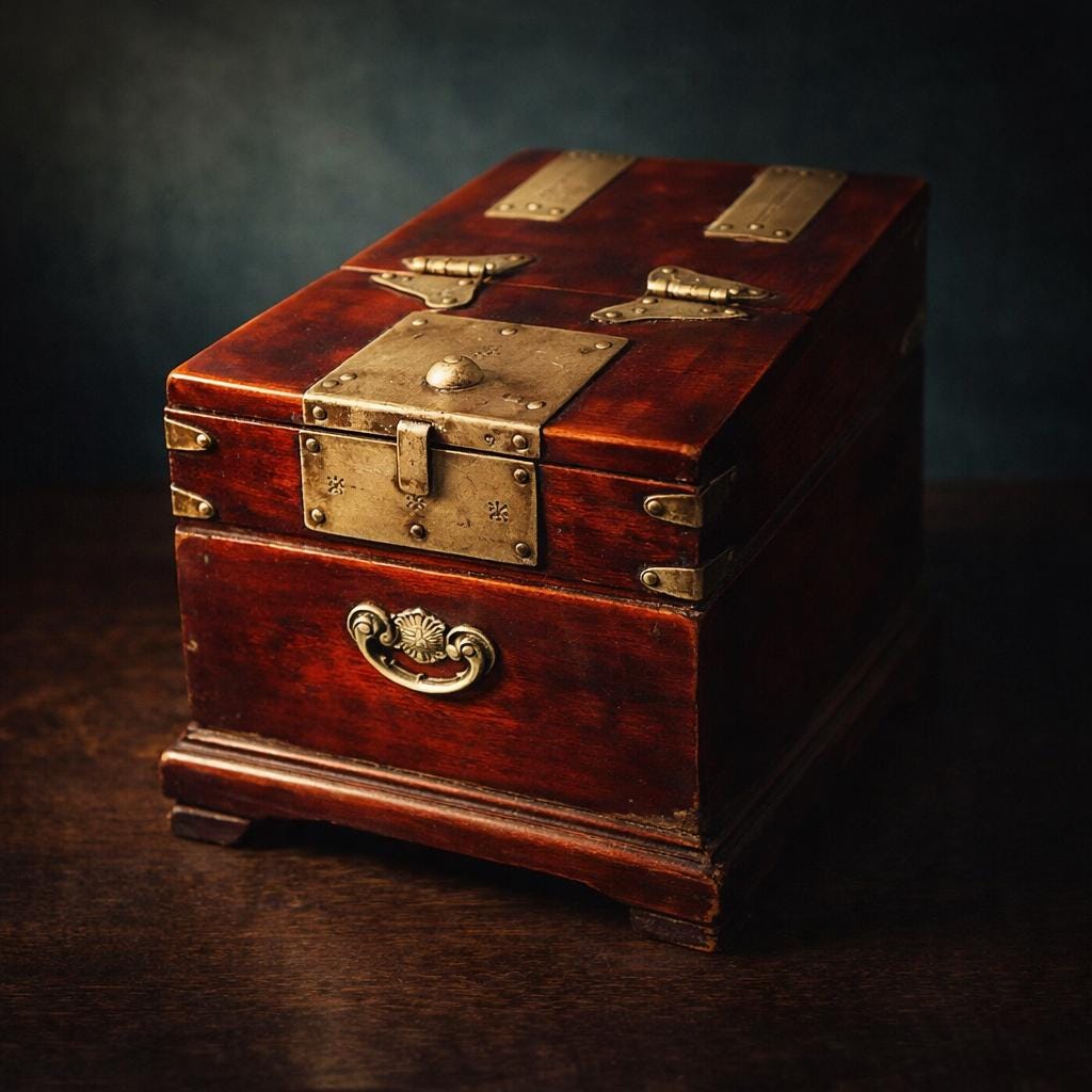 19thC Korean Mirror Chest, Joseon Vanity Box, Zelkova Wood, Butterfly Brass - The Relic Detail