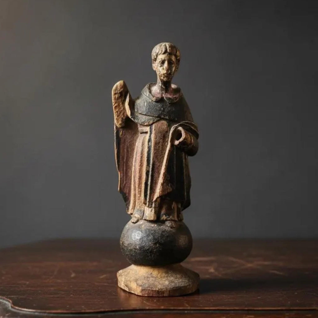 Antique 18th Century Spanish Colonial Hand Painted Wooden Santos Monk - The Relic Detail