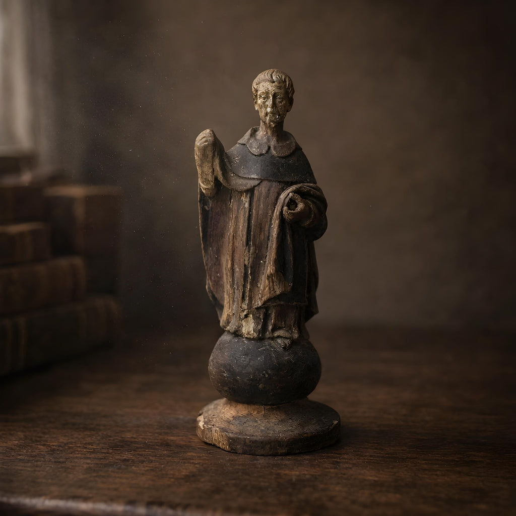 Antique 18th Century Spanish Colonial Hand Painted Wooden Santos Monk - The Relic Detail