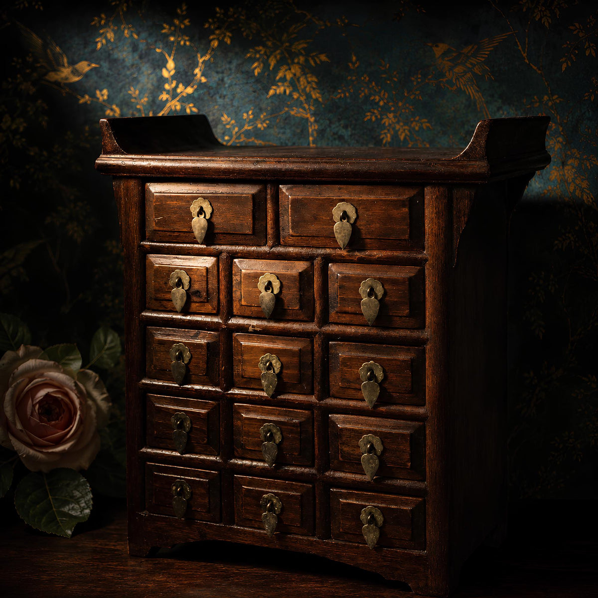 Antique Asian Wooden Tabletop Apothecary Medicine Chest - The Relic Detail