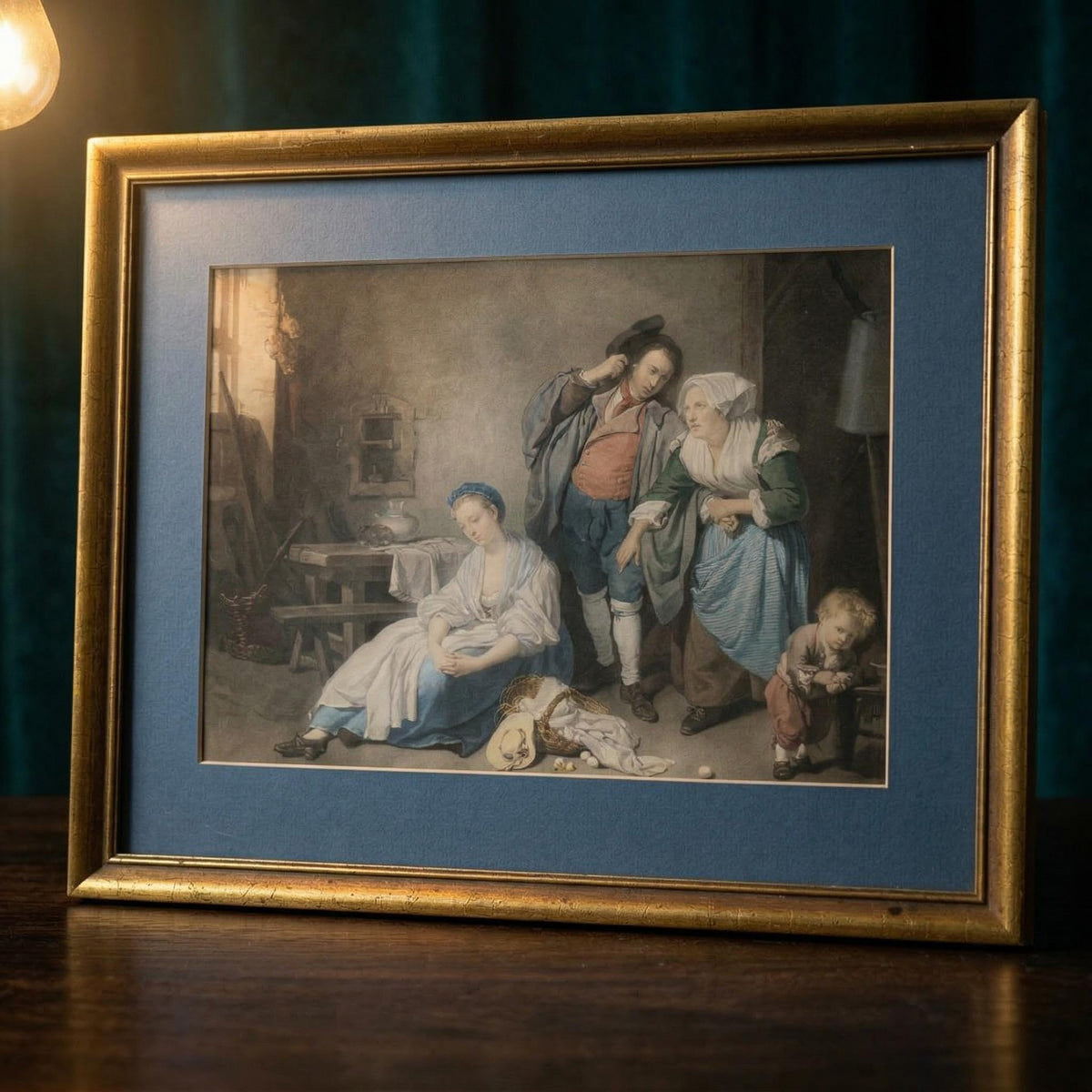 Antique "Broken Eggs" Painting by Greuze | Gilt Framed Classical Lithograph Wall Art - The Relic Detail