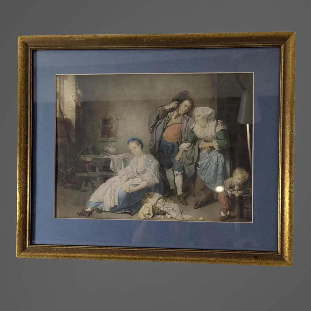 Antique "Broken Eggs" Painting by Greuze | Gilt Framed Classical Lithograph Wall Art - The Relic Detail