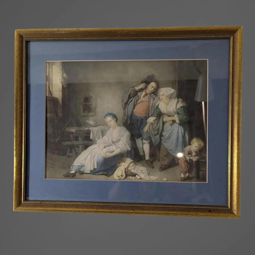 Antique "Broken Eggs" Painting by Greuze | Gilt Framed Classical Lithograph Wall Art - The Relic Detail