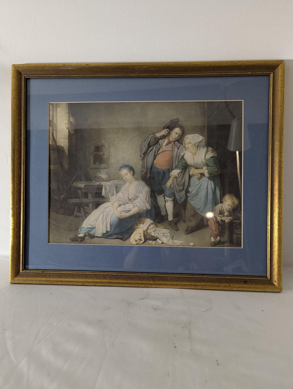 Antique "Broken Eggs" Painting by Greuze | Gilt Framed Classical Lithograph Wall Art - The Relic Detail
