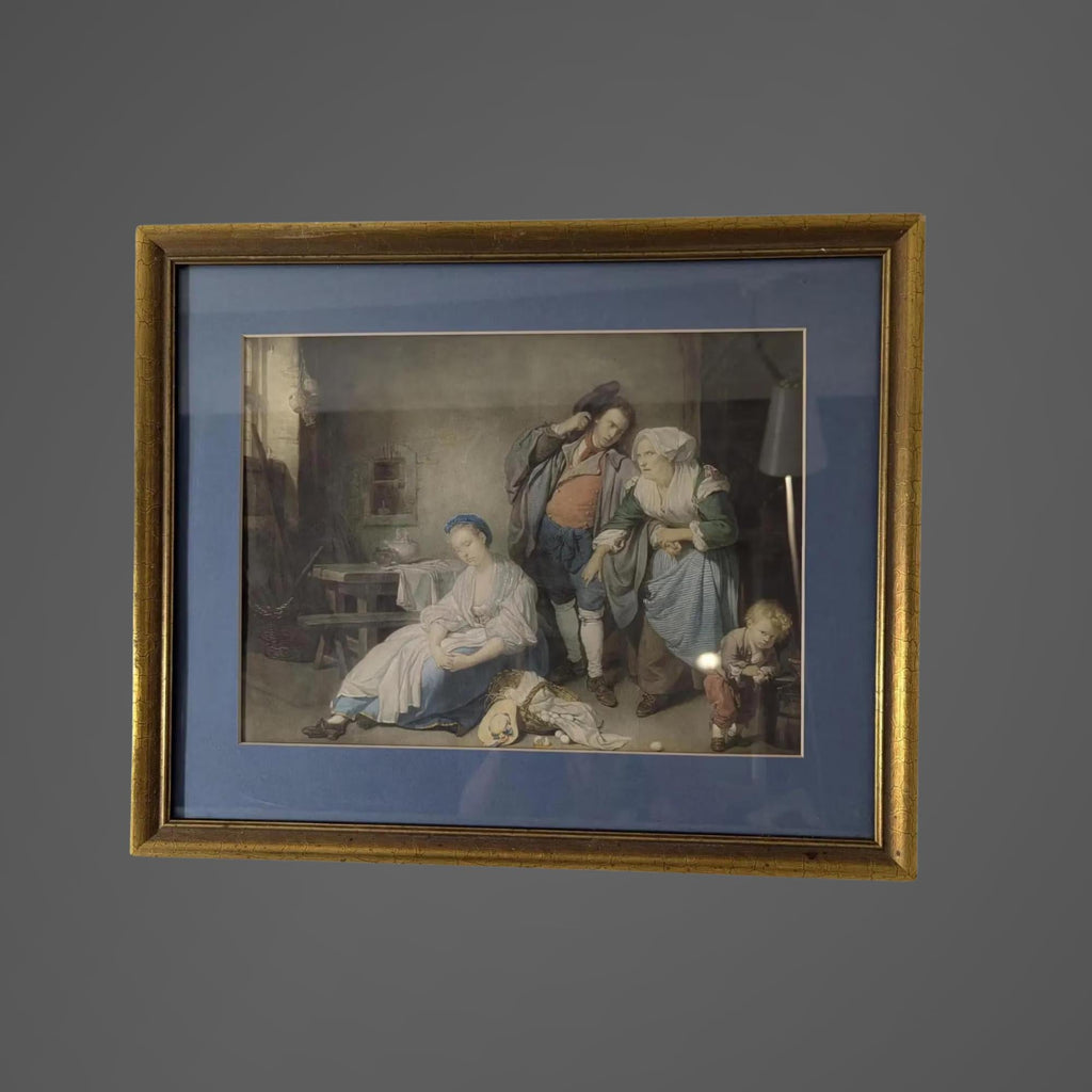 Antique "Broken Eggs" Painting by Greuze | Gilt Framed Classical Lithograph Wall Art - The Relic Detail