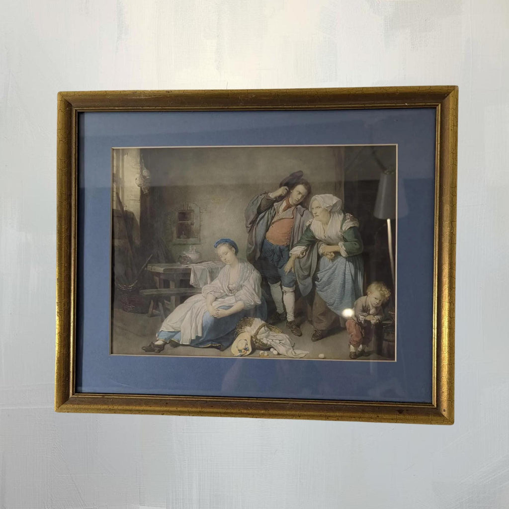 Antique "Broken Eggs" Painting by Greuze | Gilt Framed Classical Lithograph Wall Art - The Relic Detail