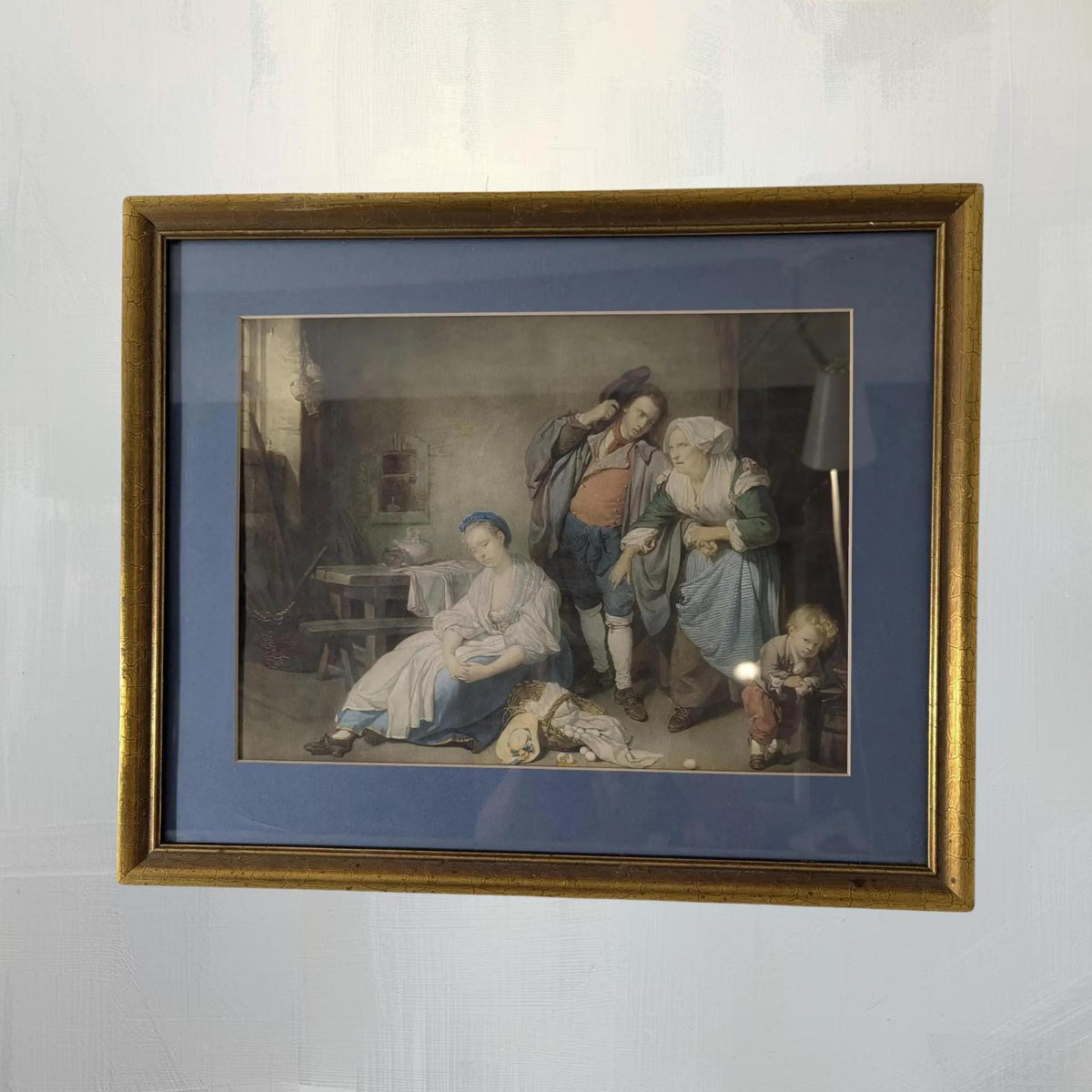 Antique "Broken Eggs" Painting by Greuze | Gilt Framed Classical Lithograph Wall Art - The Relic Detail