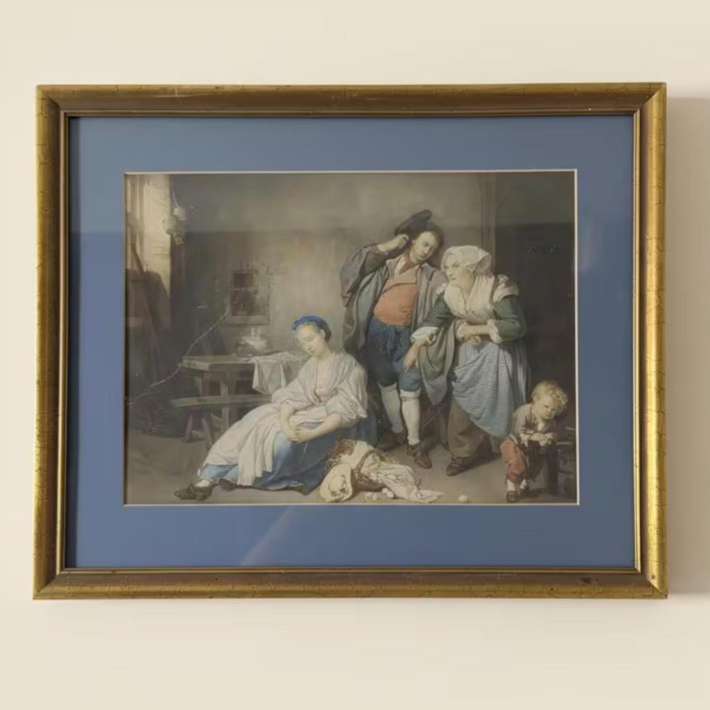 Antique "Broken Eggs" Painting by Greuze | Gilt Framed Classical Lithograph Wall Art - The Relic Detail