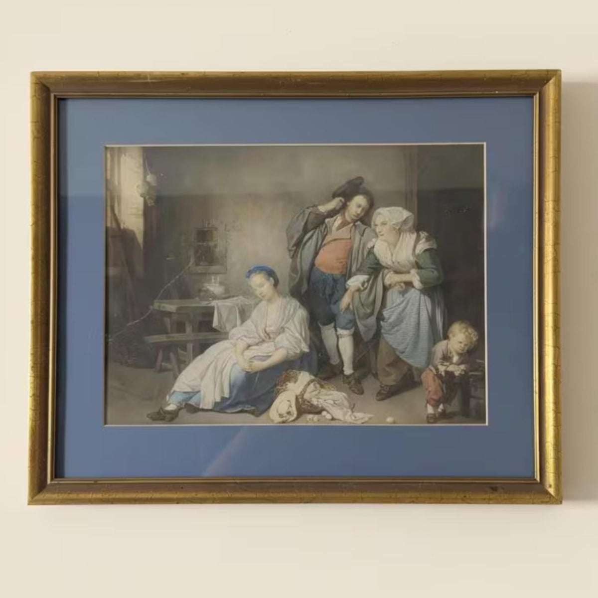 Antique "Broken Eggs" Painting by Greuze | Gilt Framed Classical Lithograph Wall Art - The Relic Detail
