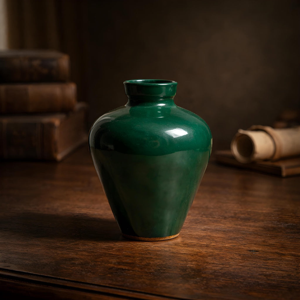 Antique Chinese Earthenware Vase Green Glazed Pottery 1920s Asian Decor Vessel Collectible Art Piece - The Relic Detail