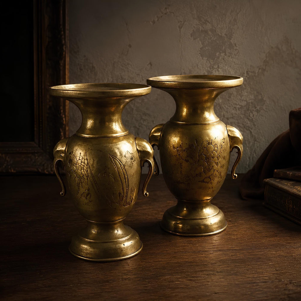 Antique Etched Japanese Brass Urn Vases - The Relic Detail