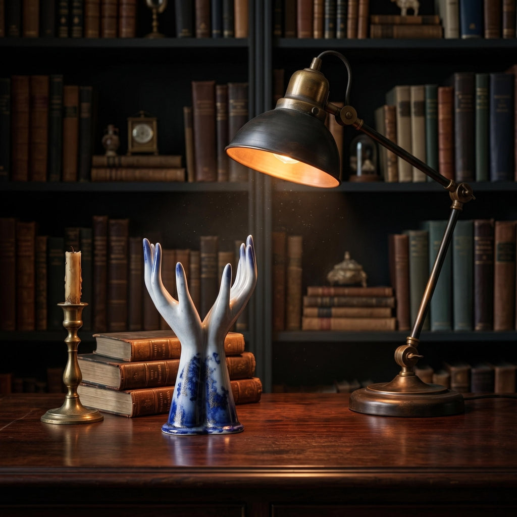 Antique Flow Blue Hand Vase • Victorian Porcelain Clenched Fist Urn • Dark Academia Decor - The Relic Detail