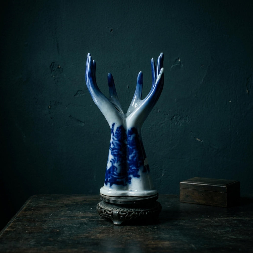 Antique Flow Blue Hand Vase • Victorian Porcelain Clenched Fist Urn • Dark Academia Decor - The Relic Detail