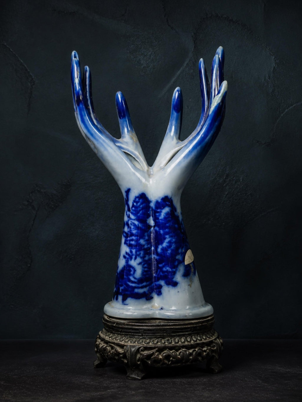 Antique Flow Blue Hand Vase • Victorian Porcelain Clenched Fist Urn • Dark Academia Decor - The Relic Detail