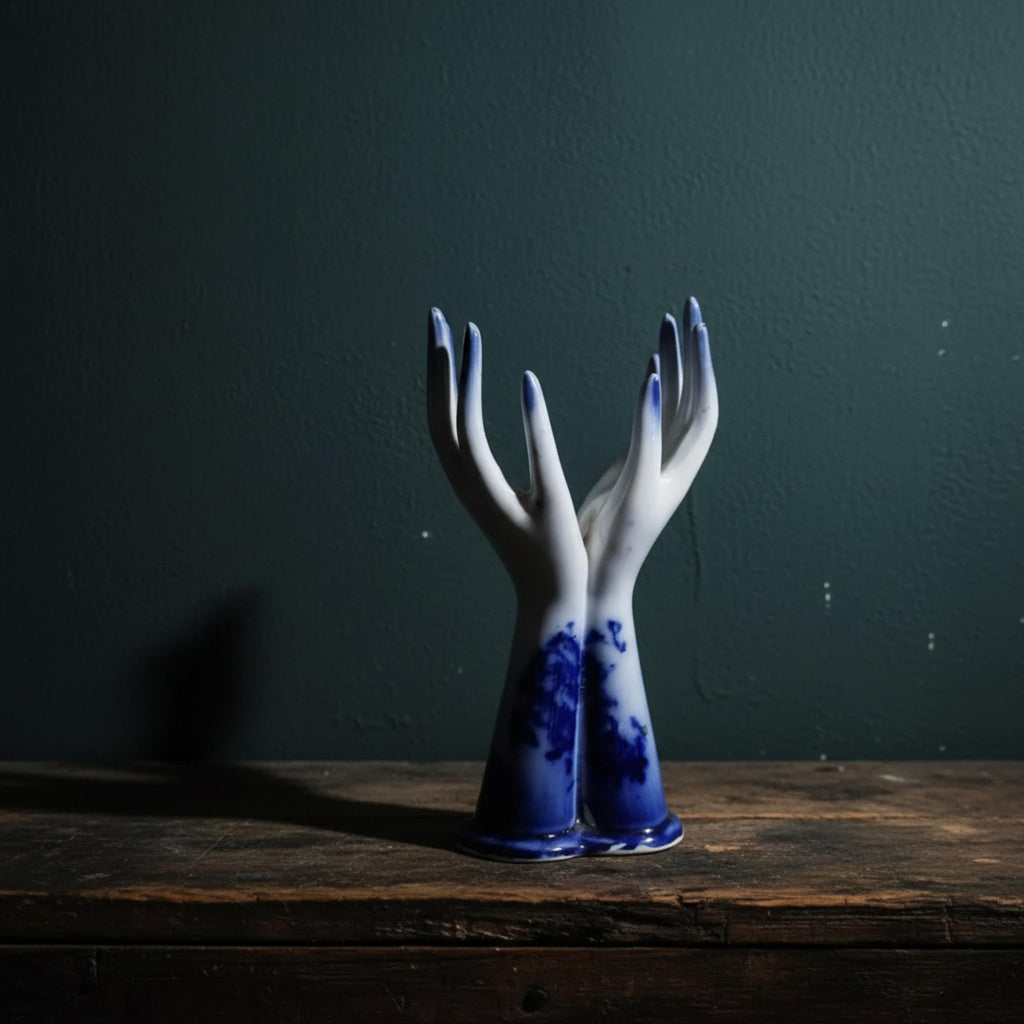 Antique Flow Blue Hand Vase • Victorian Porcelain Clenched Fist Urn • Dark Academia Decor - The Relic Detail