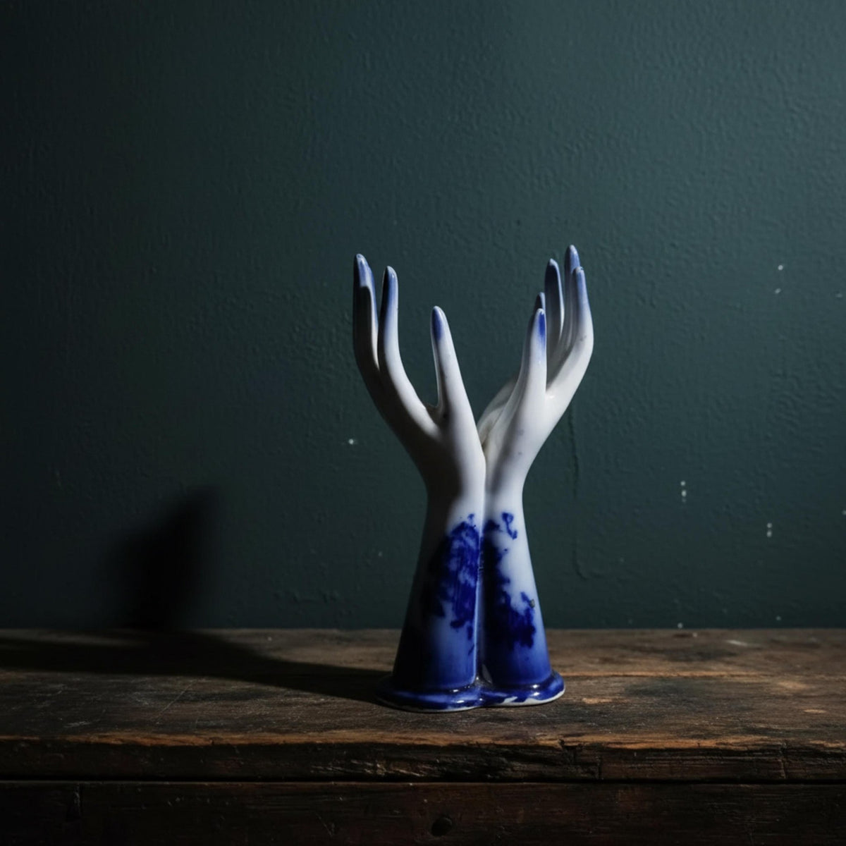 Antique Flow Blue Hand Vase • Victorian Porcelain Clenched Fist Urn • Dark Academia Decor - The Relic Detail
