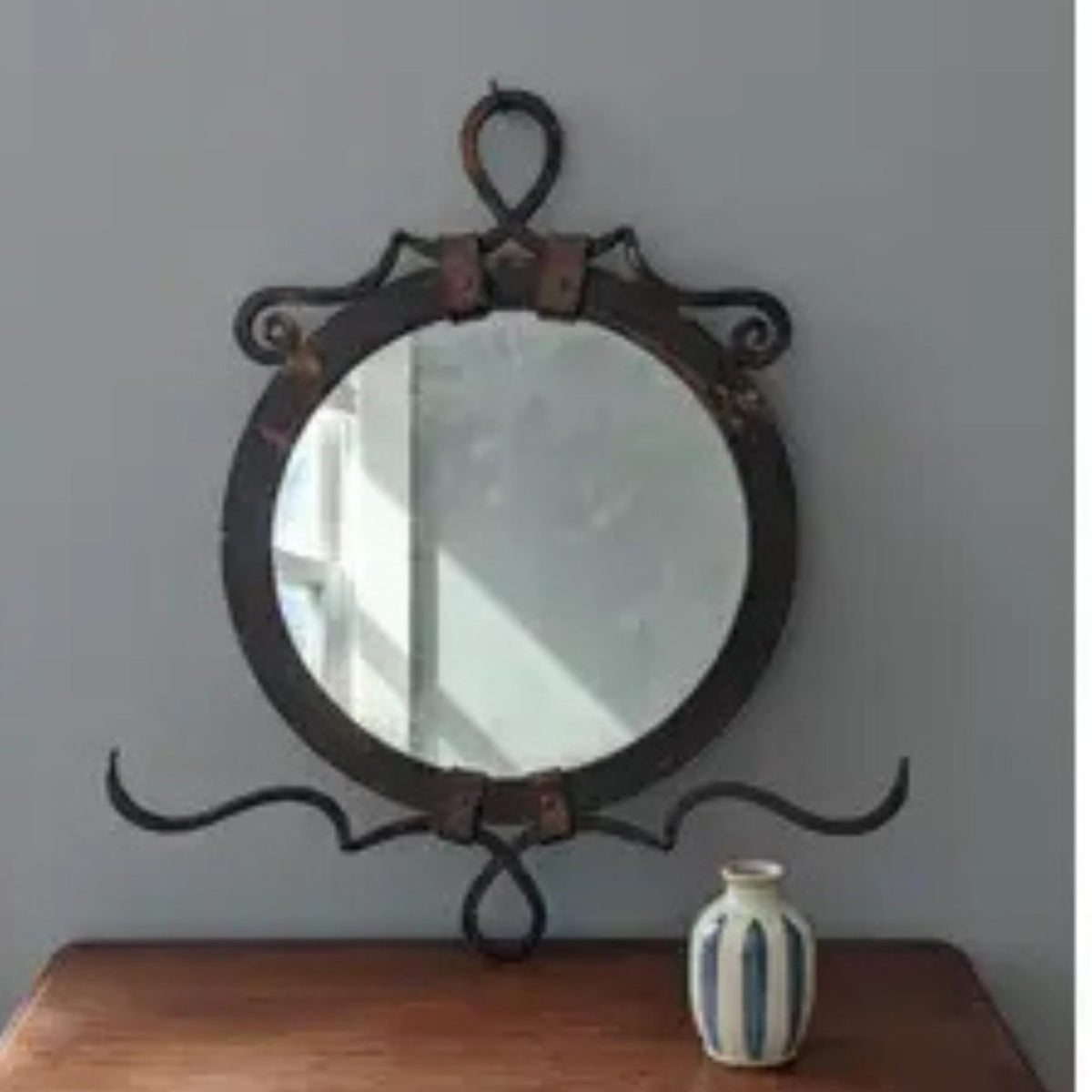 Antique French Wrought Iron Wall Mirror | Brass Accent Wall Decor - The Relic Detail