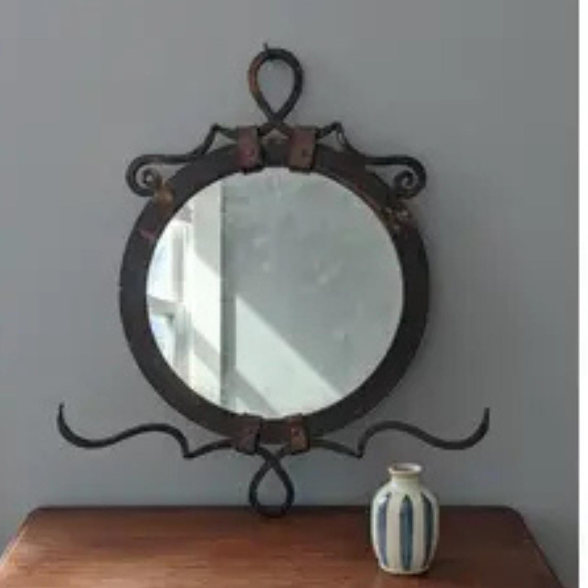 Antique French Wrought Iron Wall Mirror | Brass Accent Wall Decor - The Relic Detail