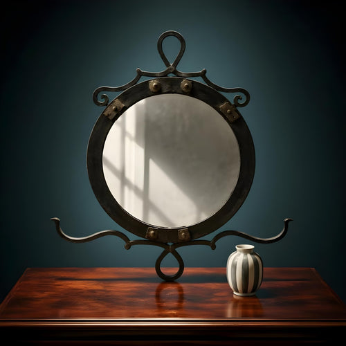 Antique French Wrought Iron Wall Mirror | Brass Accent Wall Decor - The Relic Detail