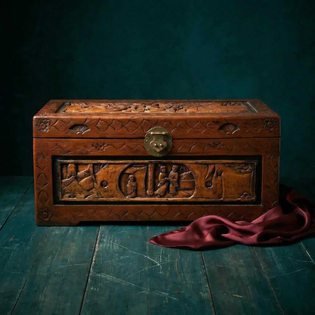 Antique Hand-Carved Rosewood Asian Trunk - The Relic Detail