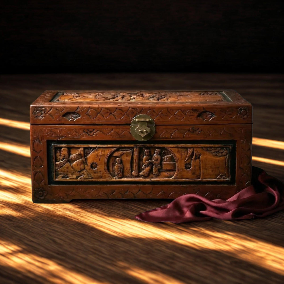 Antique Hand-Carved Rosewood Asian Trunk - The Relic Detail