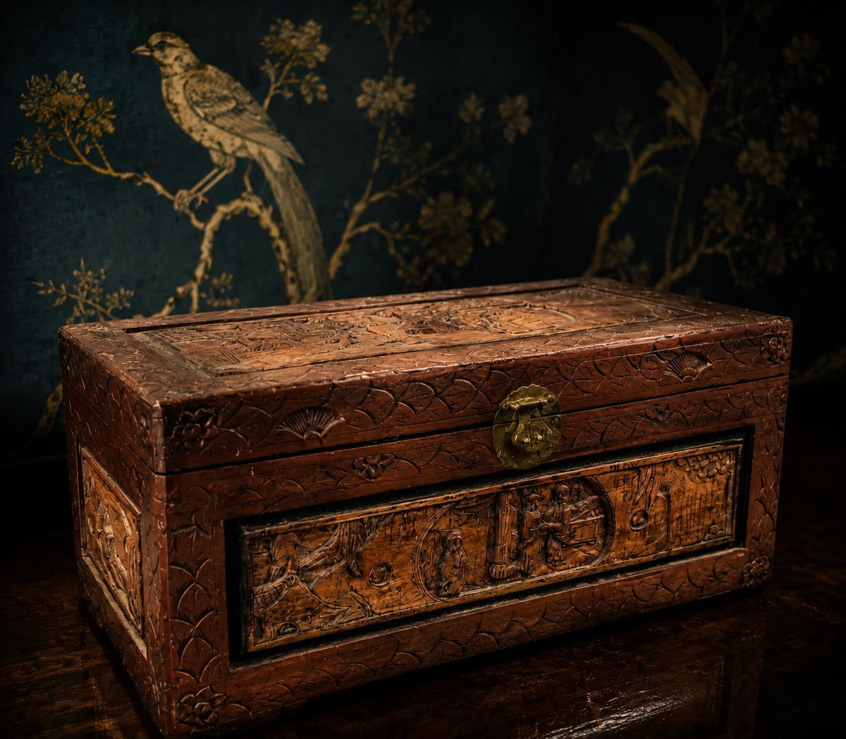 Antique Hand-Carved Rosewood Asian Trunk - The Relic Detail