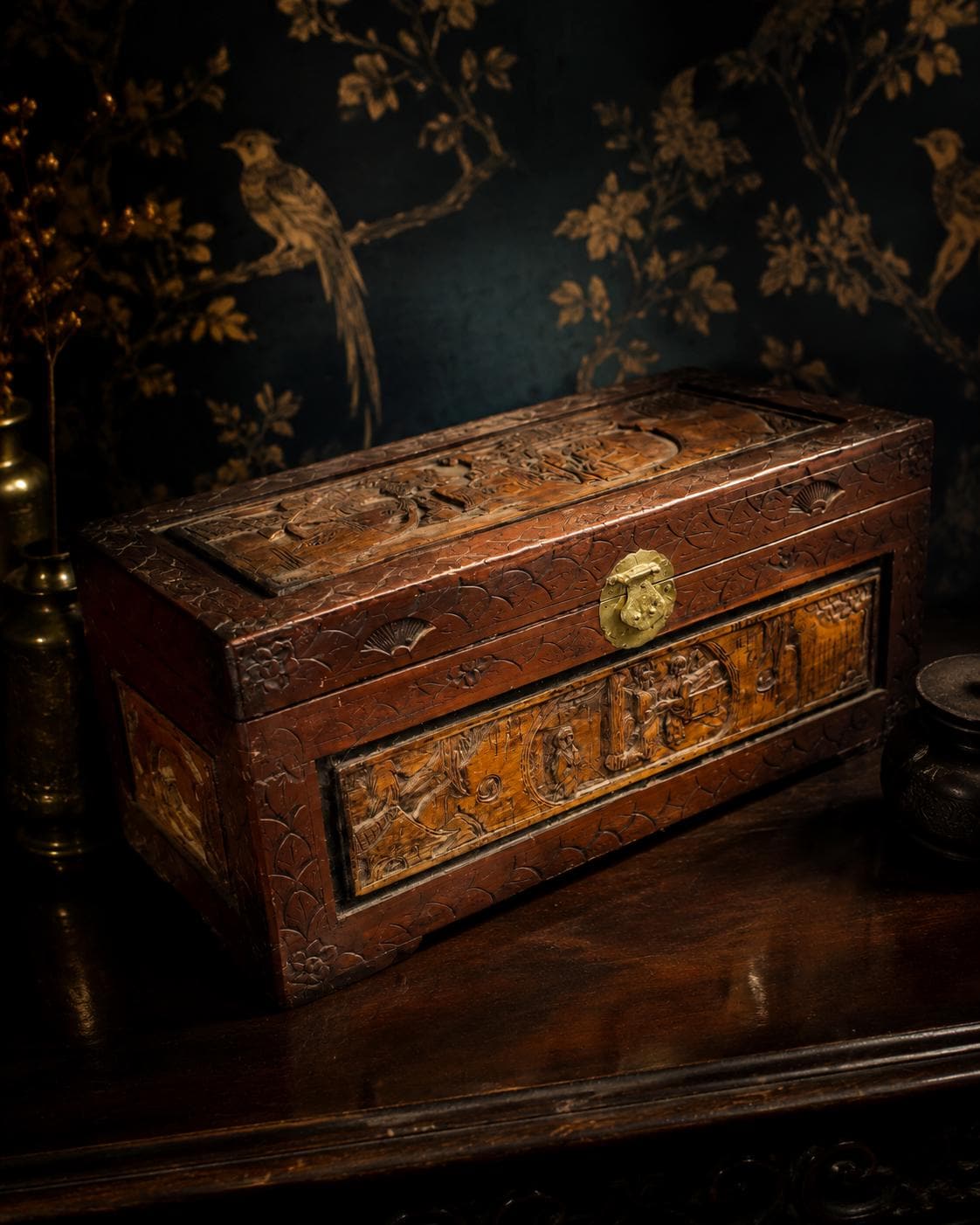 Antique Hand-Carved Rosewood Asian Trunk - The Relic Detail