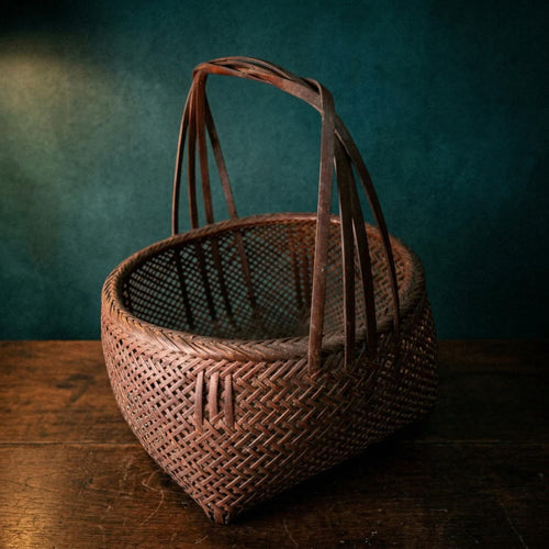 Antique Japanese Woven Bamboo Basket Vintage Natural Handcrafted Storage Decor Folk Art - The Relic Detail