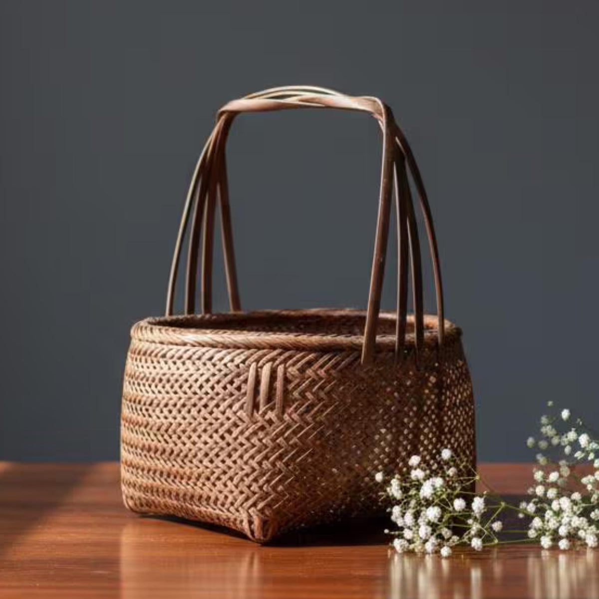 Antique Japanese Woven Bamboo Basket Vintage Natural Handcrafted Storage Decor Folk Art - The Relic Detail