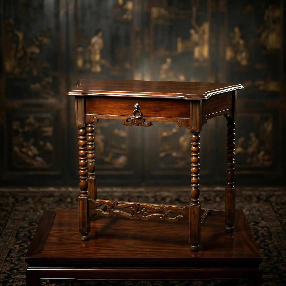 Antique Walnut Writing Desk William and Mary Bobbin Turned Legs H-Stretcher - The Relic Detail