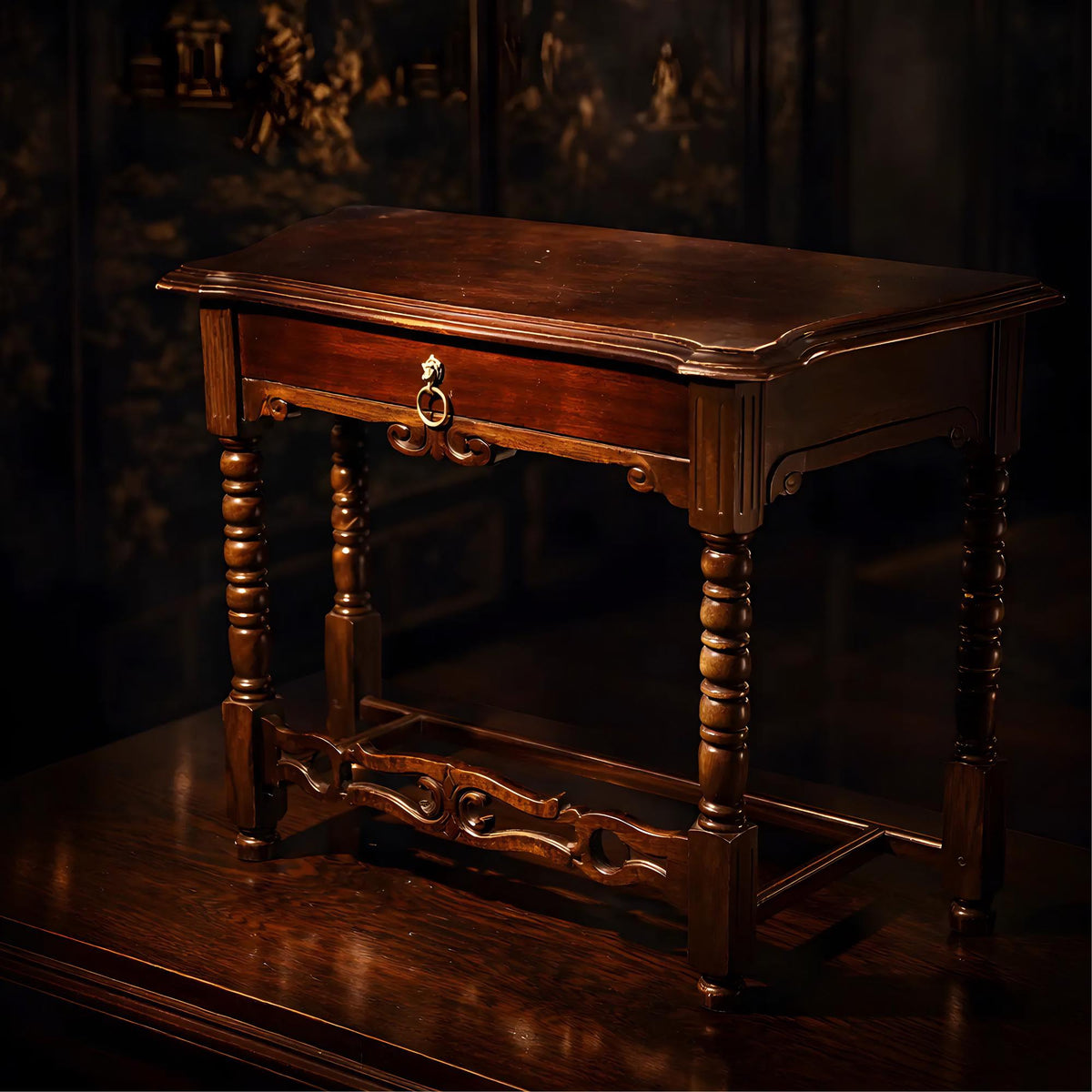 Antique Walnut Writing Desk William and Mary Bobbin Turned Legs H-Stretcher - The Relic Detail