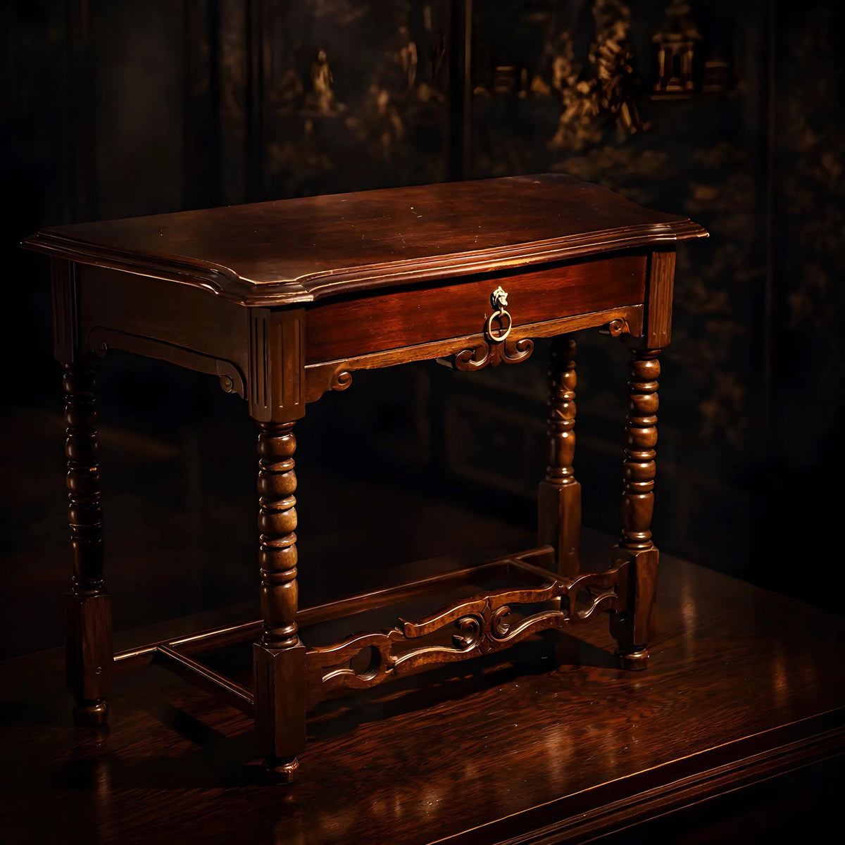 Antique Walnut Writing Desk William and Mary Bobbin Turned Legs H-Stretcher - The Relic Detail