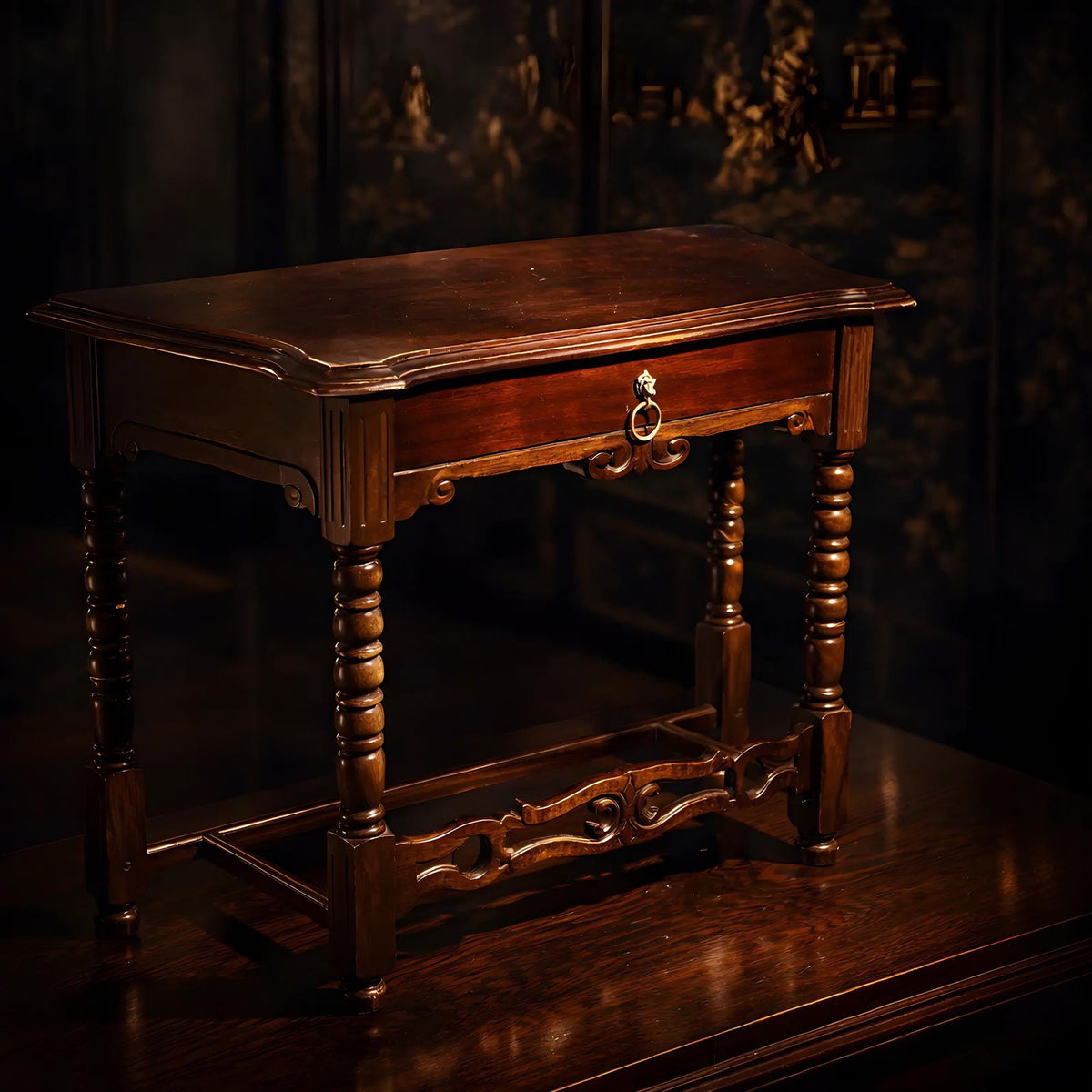 Antique Walnut Writing Desk William and Mary Bobbin Turned Legs H-Stretcher - The Relic Detail